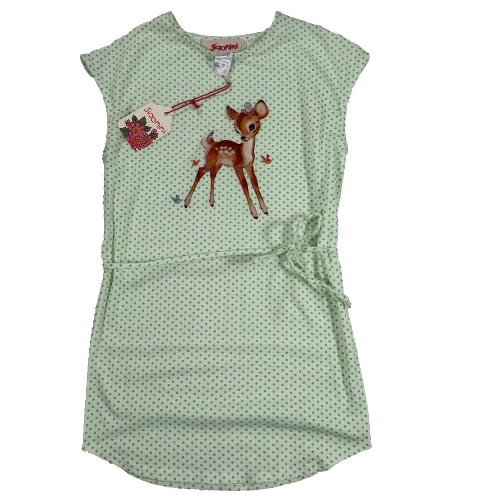 Siaomimi Girls 4 Dress Green Polka Dot Sleeveless Deer Graphic Belted Shift New